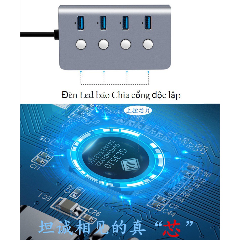 Bộ chia Hub 3.0 USB ,4 cổng, có đèn led.