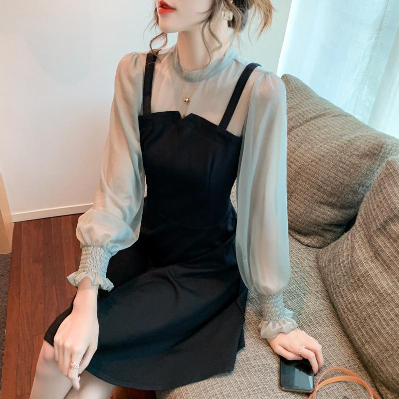 Đầm chữ A tay dài giả hai mảnh thời trang Pháp mới