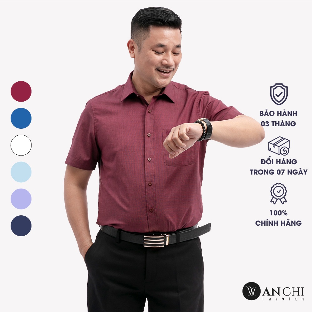 Áo Sơ Mi Nam Ngắn Tay Trung Niên ANCHI Màu Đỏ Trơn Vải Sợi Tre Cao Cấp