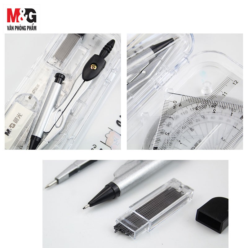 Compa Saturday M&G ACSN1304 chì bấm kèm cuc gôm, hộp ngòi màu Đen có hình mèo