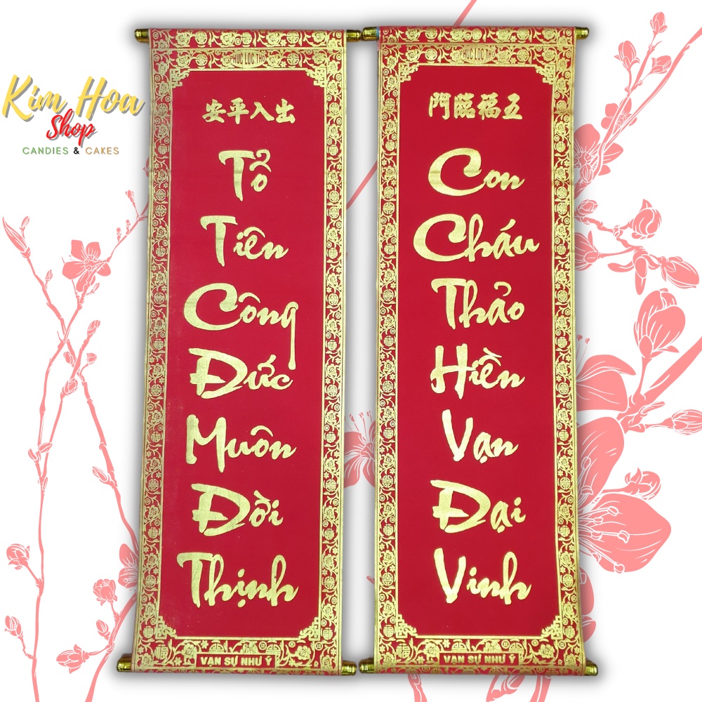 Đôi Liễn & Cặp Liễn & Câu Đối vải nhung đỏ chữ vàng Chúc Mừng Năm Mới & Câu Thơ & Câu Đối đỏ đón TẾT với 2 kích thước