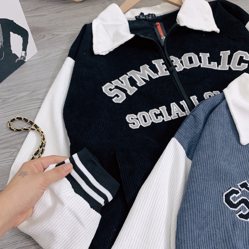 Áo Bomber Nhung Tăm 1 Lớp Áo Khoác Khoá Cổ Bẻ Thêu Chữ Cá Tính