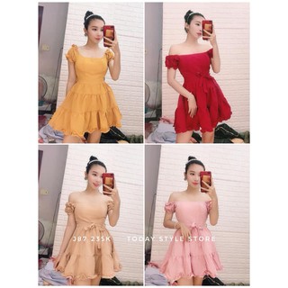 đầm xòe trễ vai phối bèo nhún đi dự tiệc hoặc đi du lịch đều được