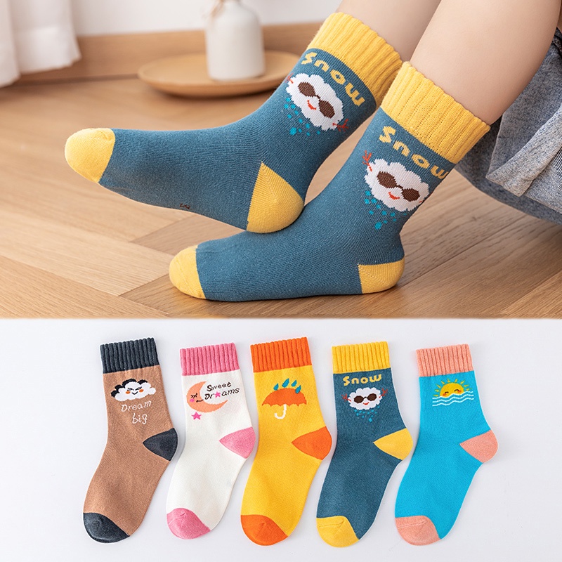Set 5 Đôi Vớ Cotton Thoải Mái Chất Lượng Cao In Họa Tiết Động Vật Hoạt Hình Cho Bé Từ 1-12 Tuổi