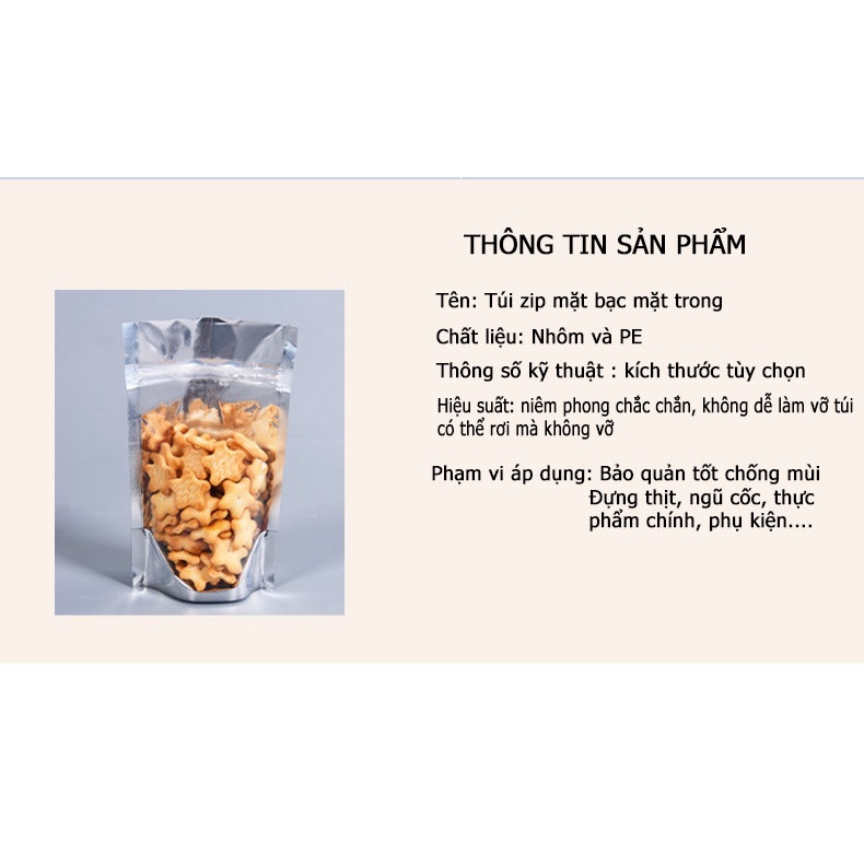 Túi zip đáy đứng 1 một mặt bạc, 1 mặt trong, túi trong suốt (1 túi/sp) -HVL TEA