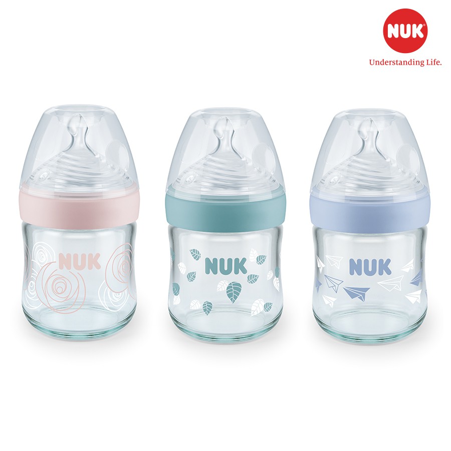 Bình Sữa Thủy Tinh Cổ Rộng NUK Nature Sense Chống Sặc Size 120ml 240 ml Dành Cho Bé Sơ Sinh, 0-6 Tháng, 6-18 Tháng