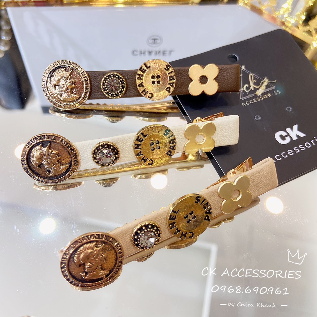[FreeShip] [Ảnh thật] Kẹp tóc bấm da phối hoạ tiết xích đá chữ Guc hàng cao cấp loại 1