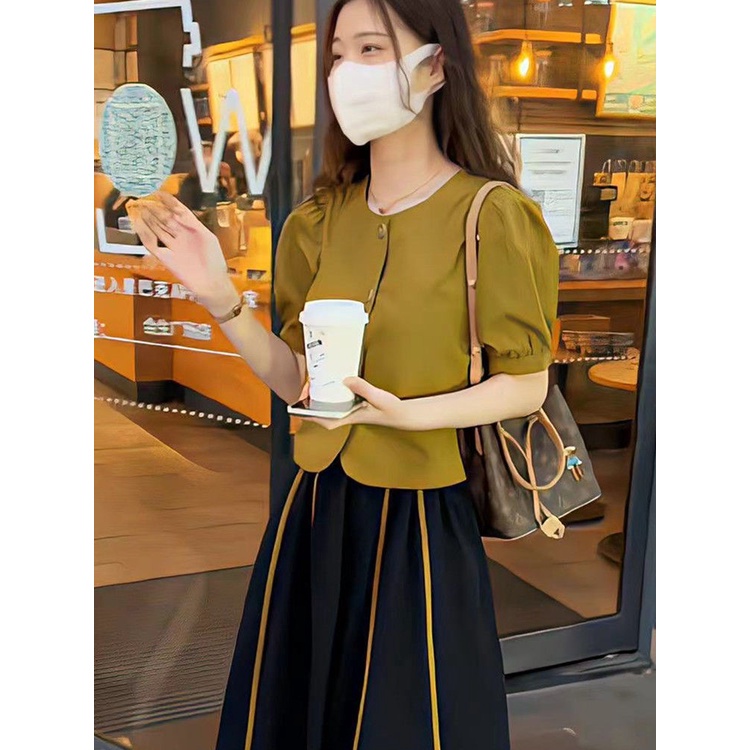 AMOI Bộ Áo Tay Phồng Ngắn + Chân Váy Phong Cách Pháp Thời Trang 2022 Cho Nữ