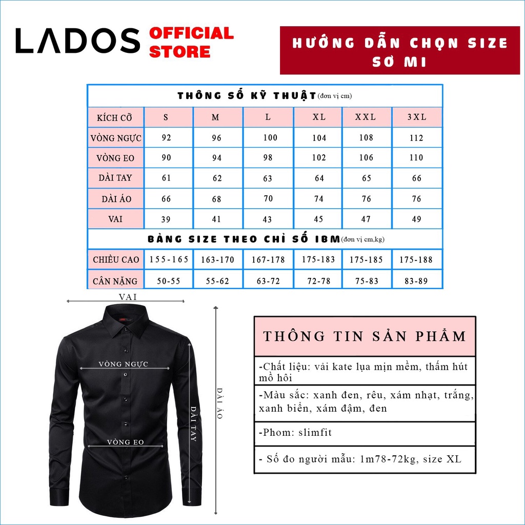 Áo sơ mi nam tay dài trơn có size lớn LADOS - 65779 vải lụa mềm mát - công sở thời trang