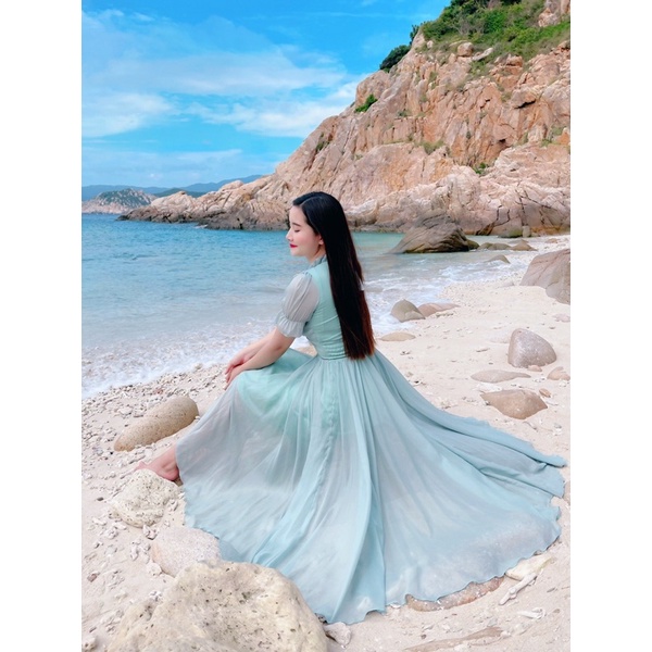 Đầm maxi cổ trụ tay phồng váy xòe dài đi tiệc đám cưới đi biển du lịch chụp ảnh sống ảo