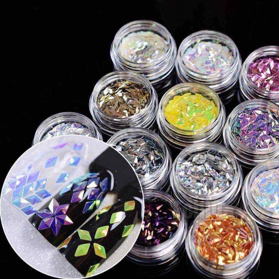 Set sticker hạt gạo nail 12 hũ mix màu Yapas , Sticker hình thoi gắn dán đủ màu trang trí móng