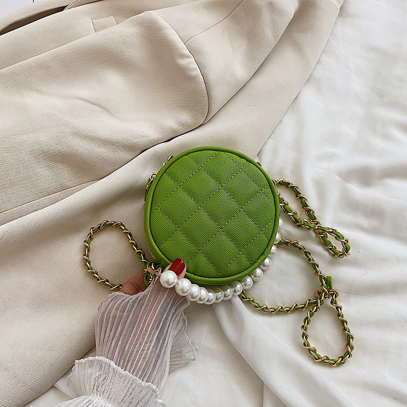 Túi đeo vai IELGY hình tròn cỡ nhỏ họa tiết hình thoi phối dây xích thời trang cho nữ