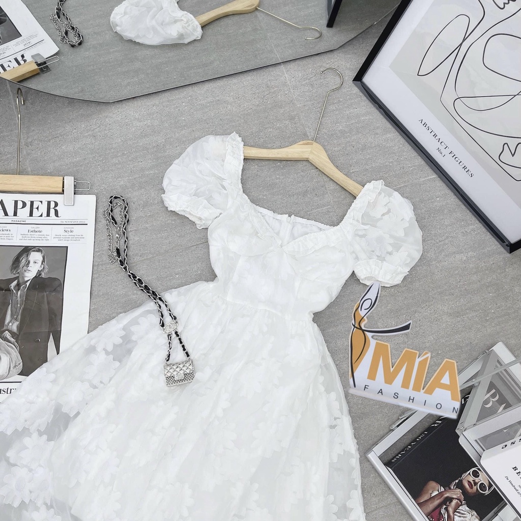 ĐẦM MIDI HOA NỔI VIỀN BÈO NGỰC TRẮNG - DA2598