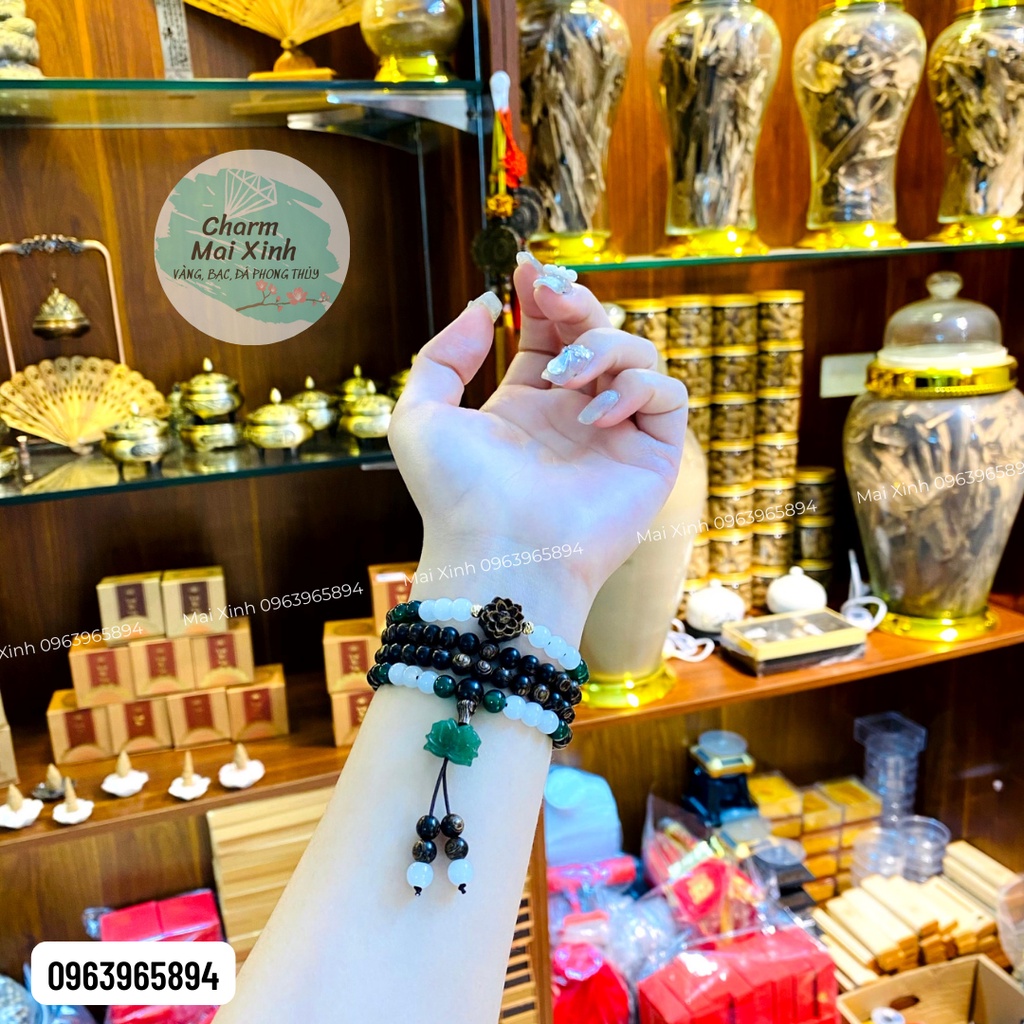 Chuỗi Trầm Hương Sánh chìm 96 hạt 6mm phối Hoa Sen Trầm và Ngoc bích - đá - Vòng Tay Hoa Gỗ tự nhiên Nam Nữ phong thuỷ
