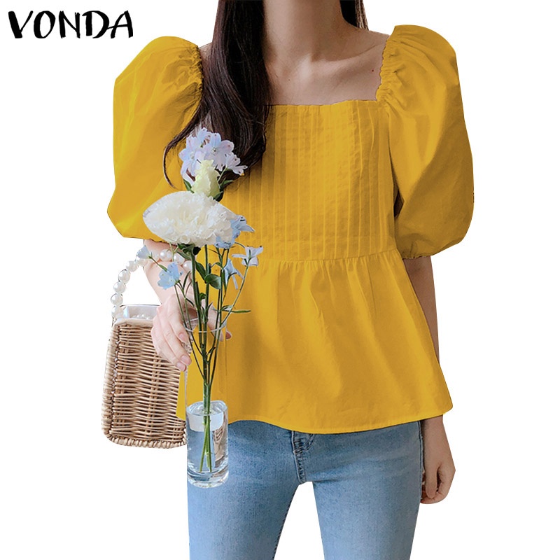 Áo VONDA cổ vuông tay phồng ngắn thiết kế xếp ly màu trơn phong cách Hàn Quốc sành điệu cho nữ