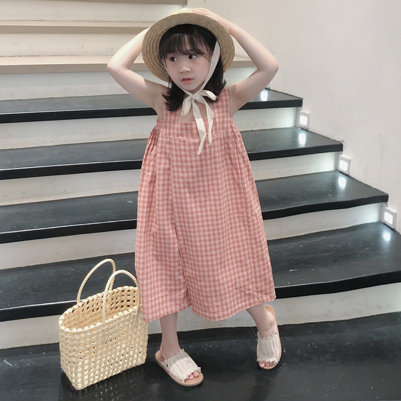 Áo liền quần Hai Dây Họa Tiết Sọc Caro Phong Cách Hàn Quốc
