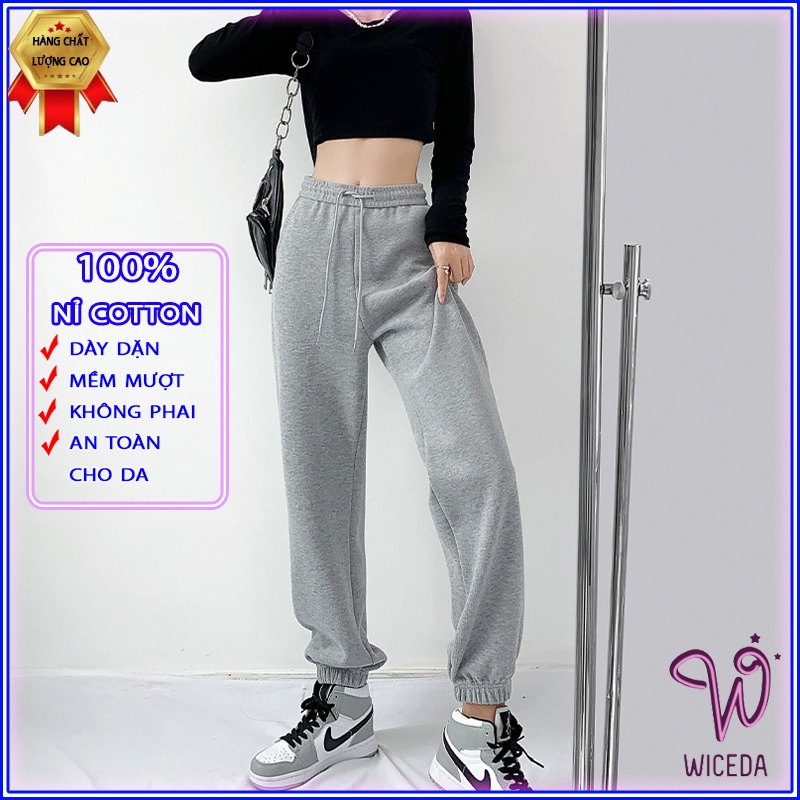 Quần jogger nữ dài cạp cao đẹp bo gấu cạp chun dây rút chất nỉ cotton 3 màu  đen ghi xám Wiceda 240