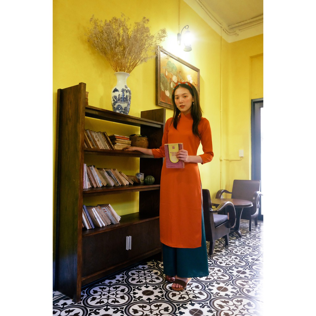Set Áo dài Rosemary Lụa Tây Thi Cam Đất