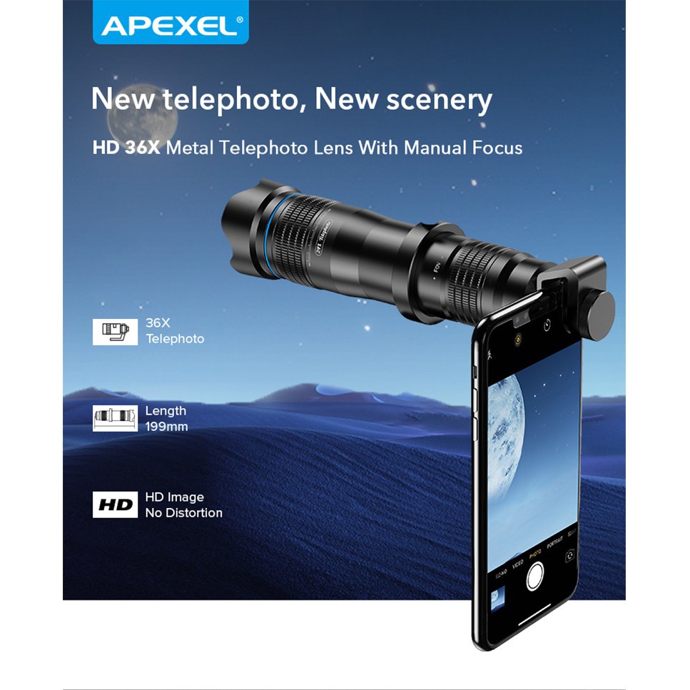 ♧❡☁Bộ ống kính apexel 36x super tele zoom lens cho điện thoại - Tặng kèm Tripod