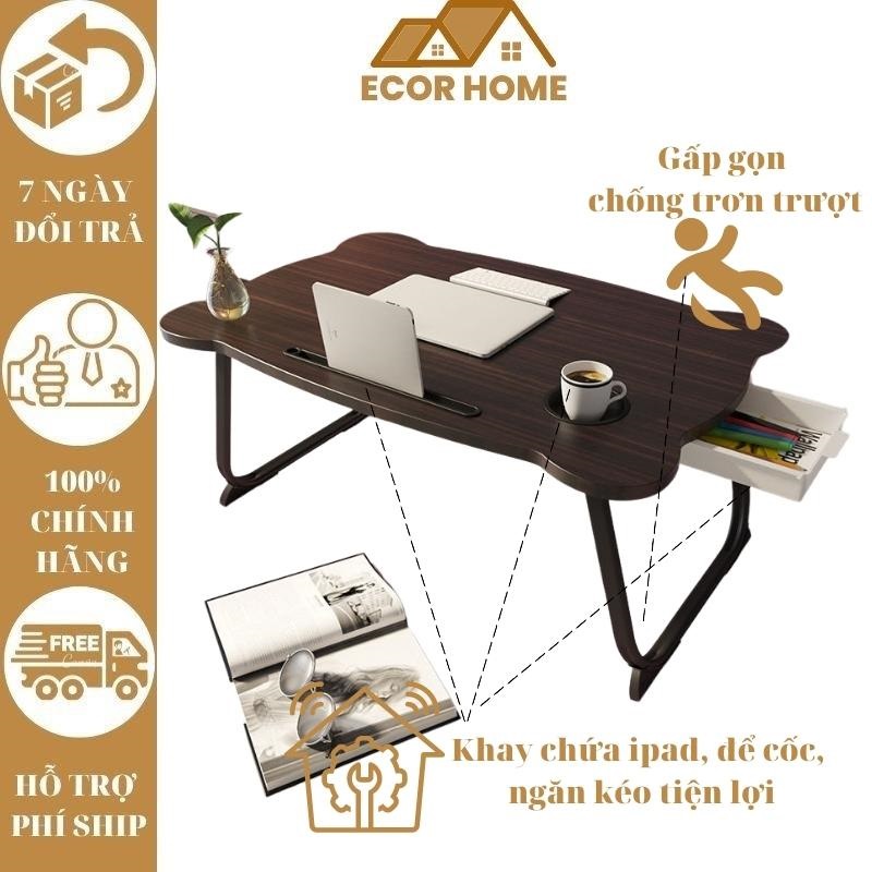 Bàn Laptop Đa Năng, Bàn Học Gấp Gọn Thông Minh Có Khay Để Cốc, Khe Cắm Ipad Và Ngăn Kéo Tiện Dụng