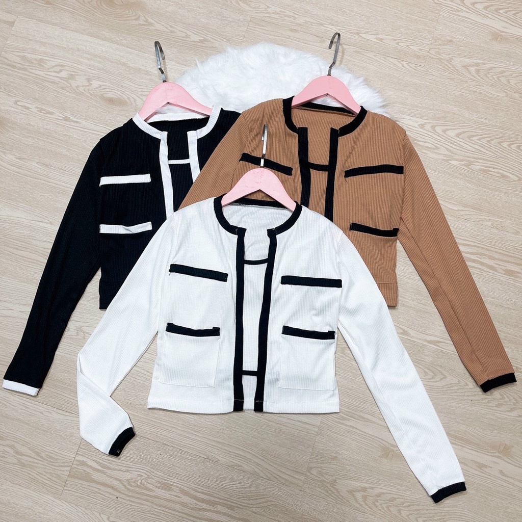 set áo thun gân tay dài kèm áo ống kiểu viền màu túi u