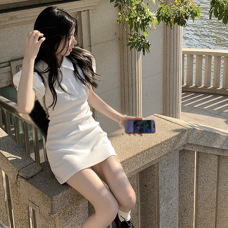 Đầm Tay Ngắn Màu Trơn Dáng Ôm Thời Trang Mùa Hè Hàn Quốc Cho Nữ