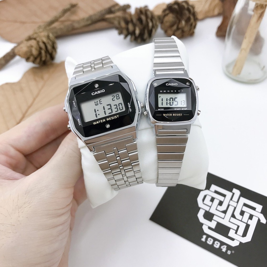 Đồng hồ cặp Casio A159WAD-1 / LA670WAD-1 đính kim cương, chống nước 50m, dây thép không gỉ, hàng chính hãng