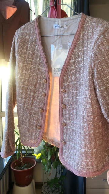 Áo khoác dạ tweed dáng ngắn kẻ ô hồng/ áo khoác dạ cài khuy cổ v hàn quốc[Ảnh thật 4-9]