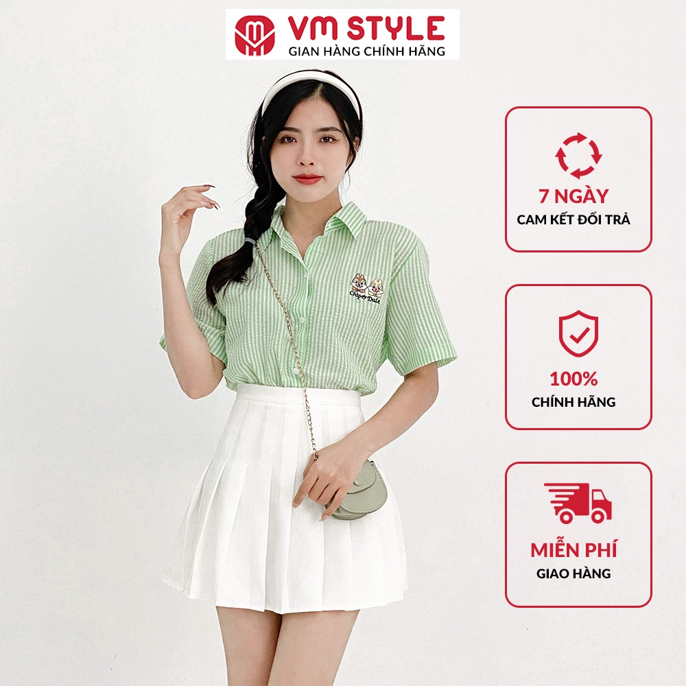 Áo sơ mi nữ ngắn tay VMSTYLE kẻ sọc form rộng thêu hình sóc chuột đáng yêu-030287- 22SU03DH0802