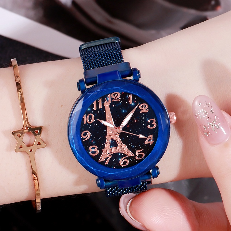 Đồng Hồ Quartz Mặt Tròn Trang Trí Hình Tháp Eiffel Với Dây Đeo Da JP5