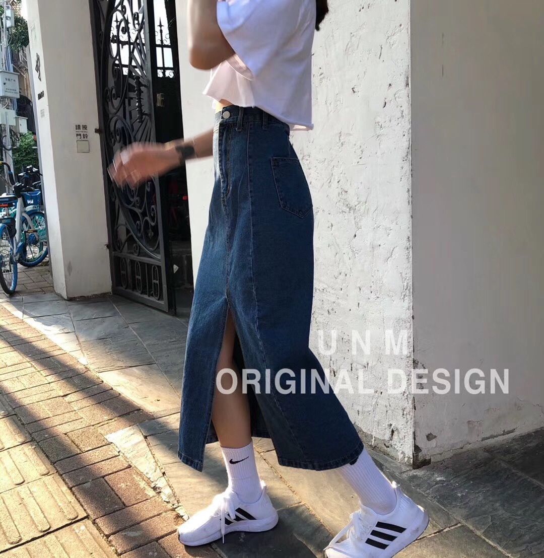 Chân Váy Denim Chữ A Dáng Dài Lưng Cao Xẻ Tà Xinh Xắn Phong Cách Hàn Quốc | BigBuy360 - bigbuy360.vn