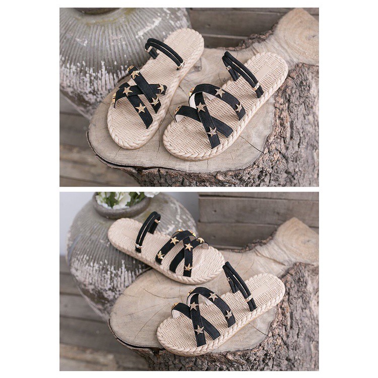 Dép Sandal nữ đế bằng quai mảnh đính đinh da lộn êm chân đi được 2 kiểu-SB17