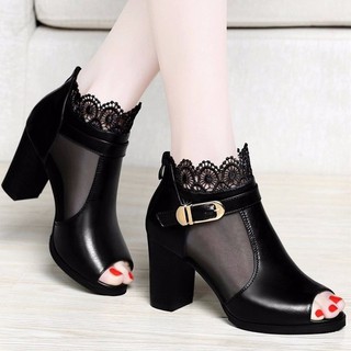 Giày boot cổ phối lưới ren hoa