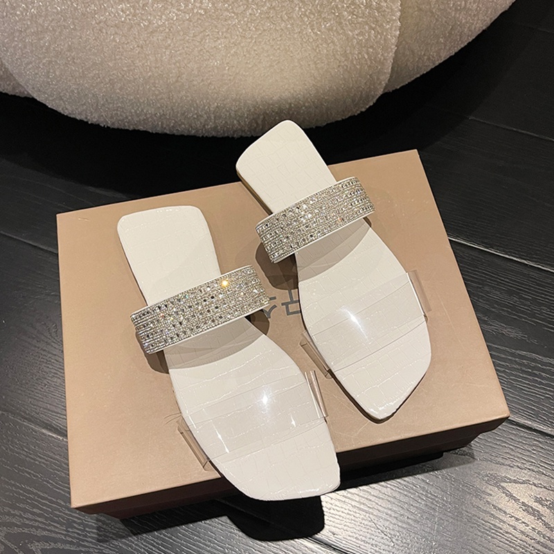 IELGY Dép Sandal Mũi Vuông Trong Suốt Đính Đá Phong Cách Hàn Quốc