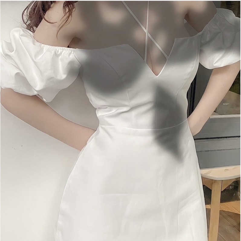 Đầm Nữ Tiểu Thư Sang Chảnh Dự Tiệc, Váy Cổ Yếm Mặc 2 Kiểu Trắng Đen Dây Cổ Khoét Ngực (đầm khoét ngực)