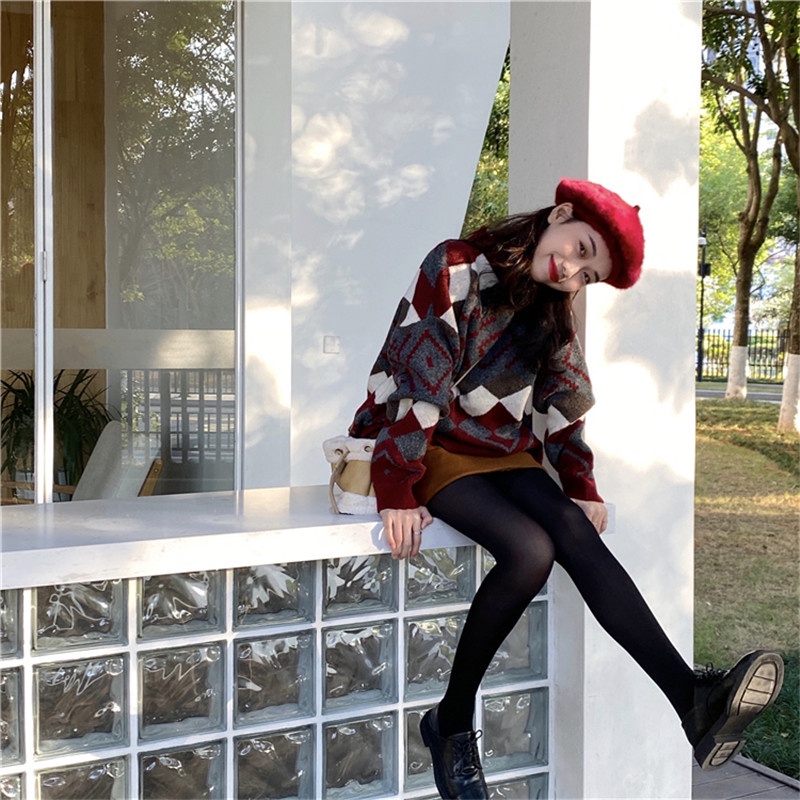 SUXI Áo sweater dáng rộng cổ cao họa tiết nhiều màu thời trang mùa thu cho nữ