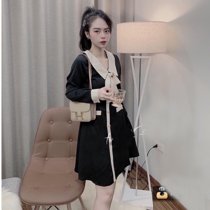 Váy Xòe Dài Thiết Kế Cổ Nơ Phối Cúc Ngọc Sang Trọng Mimi_Shop