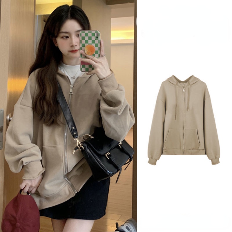 Áo Khoác Khóa Kéo Có Nón Trùm Oversize Thời Trang Mùa Thu Mới Dành Cho Nữ