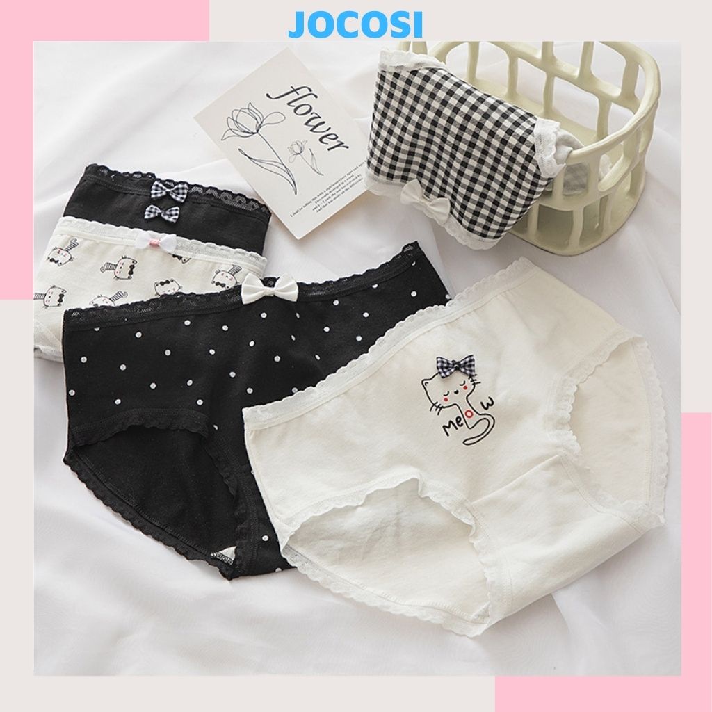 Quần lót nữ cotton ren viền kháng khuẩn khử mùi thấm hút mồ hôi họa tiết mèo cute dễ thương đáng yêu JOCOSI L0133