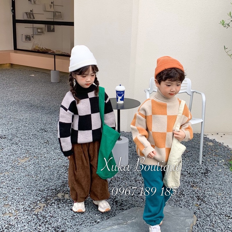 Áo Len Ép Cổ Lọ Quảng Châu Cao Cấp Bé Trai Bé Gái Hình Ô Vuông Xuka Boutique Áo Len Cho Bé Chất Cực Kì Đẹp (Ảnh Thật)