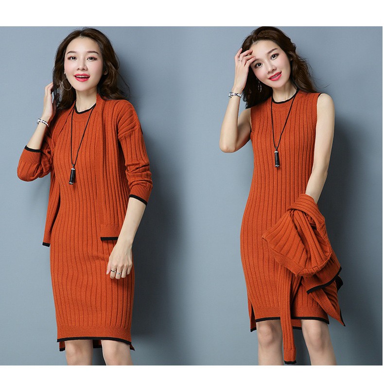 Set váy đầm len kèm áo khoác cardigan cao cấp, duyên dáng, sang trọng