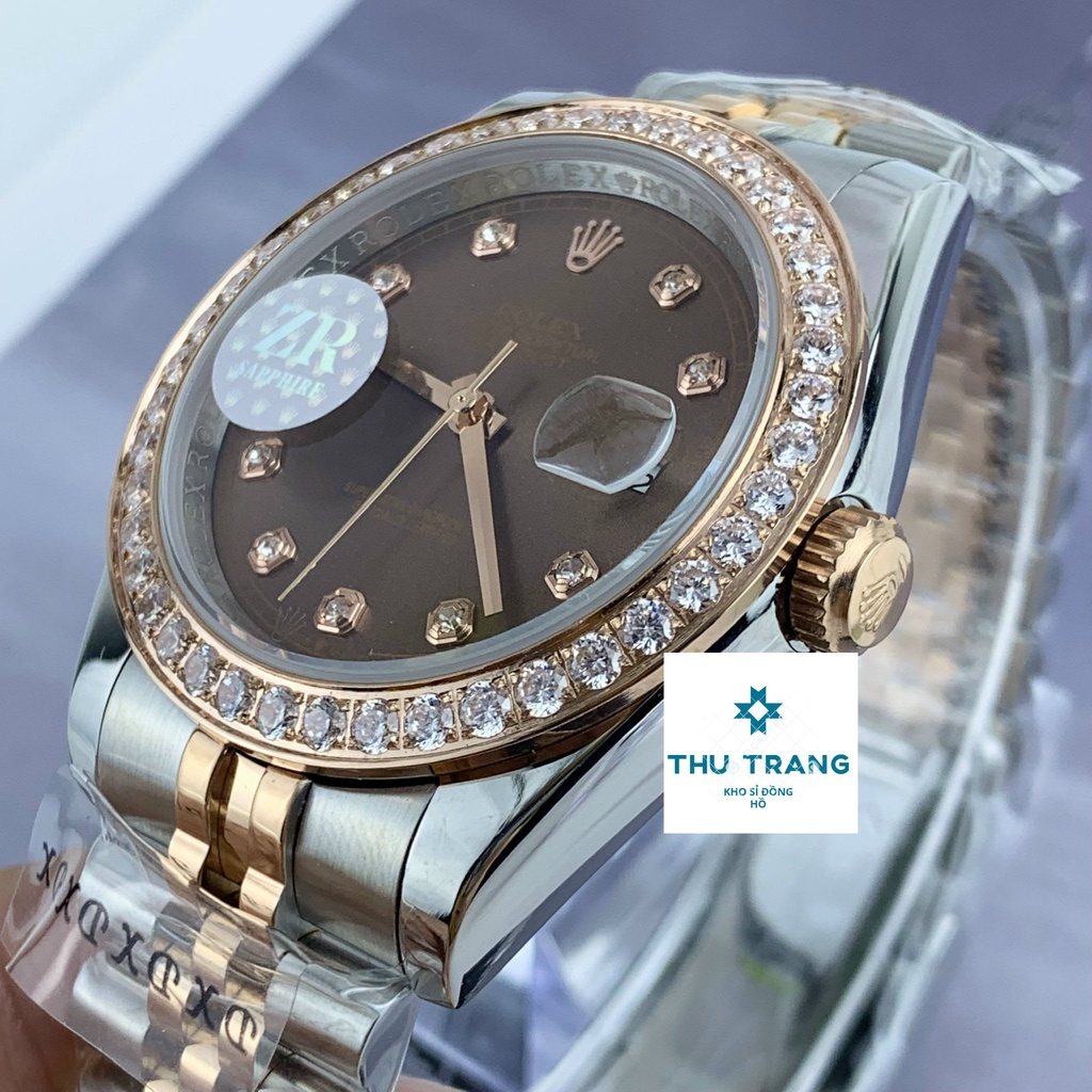 Đồng hồ nam Rolex cơ Automatic máy nhật mẫu Classic mặt nâu viền đá dây demi size 40-41mm