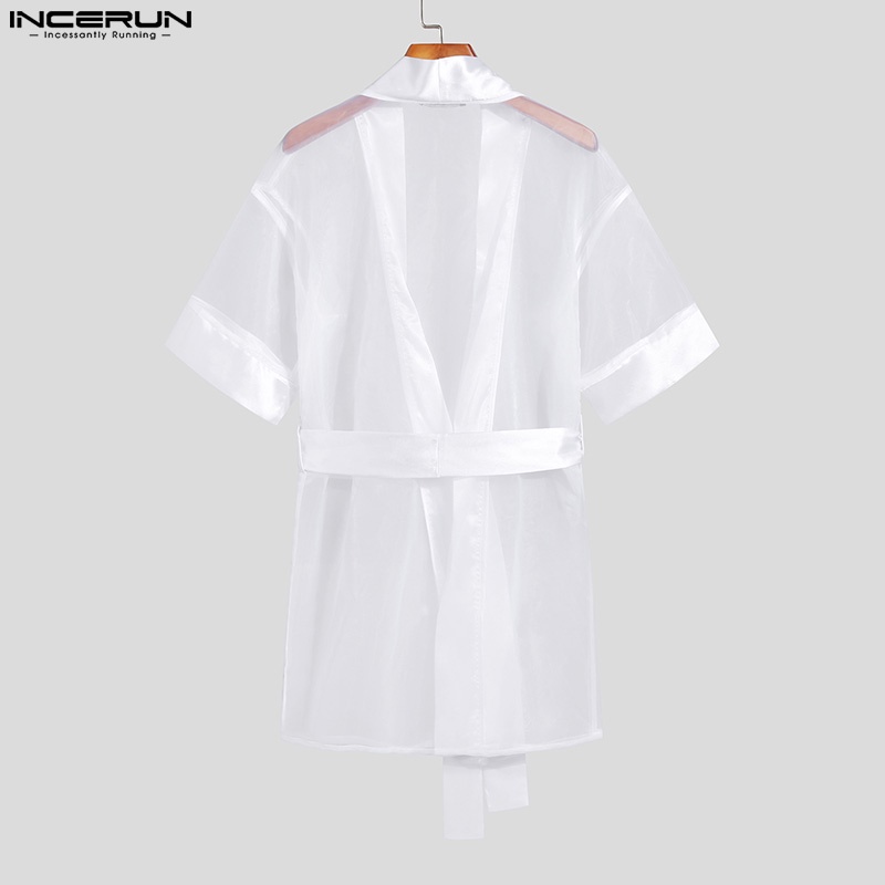 Áo khoác cardigan INCERUN buộc dây ngắn tay xuyên thấu thời trang đi biển cho nam