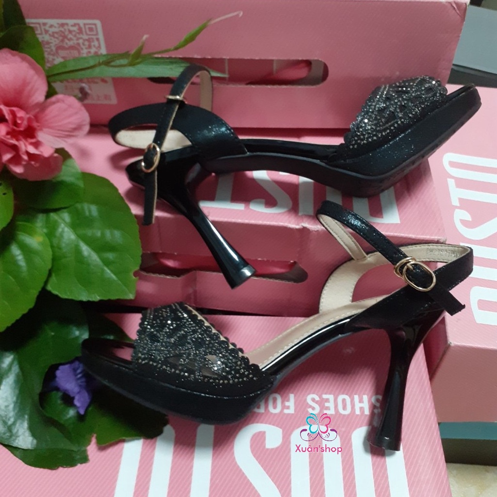 Sandal cao gót Dusto quai đính hạt đá sang trọng, gót 9.5cm
