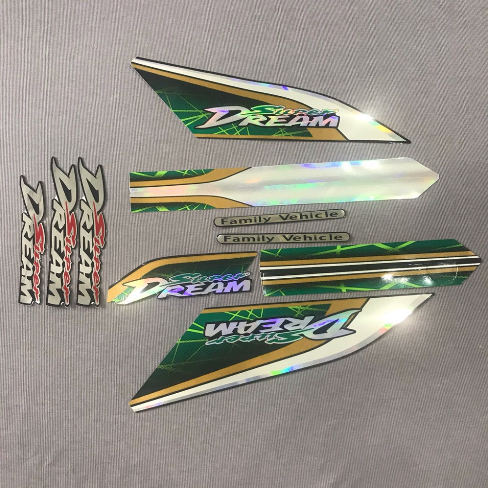 Trọn bộ tem rời dán xe máy Super Dream màu xanh lá cây, Tem hàng đẹp lắp được cả dream thái và dream việt các đời