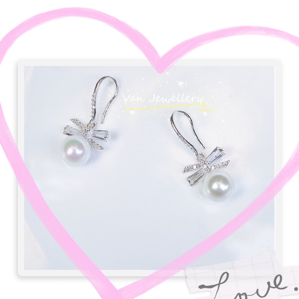 Bông tai bạc ta 925 Bông Nơ đính đá mix Ngọc Trai nhân tạo Van Jewelry V10393