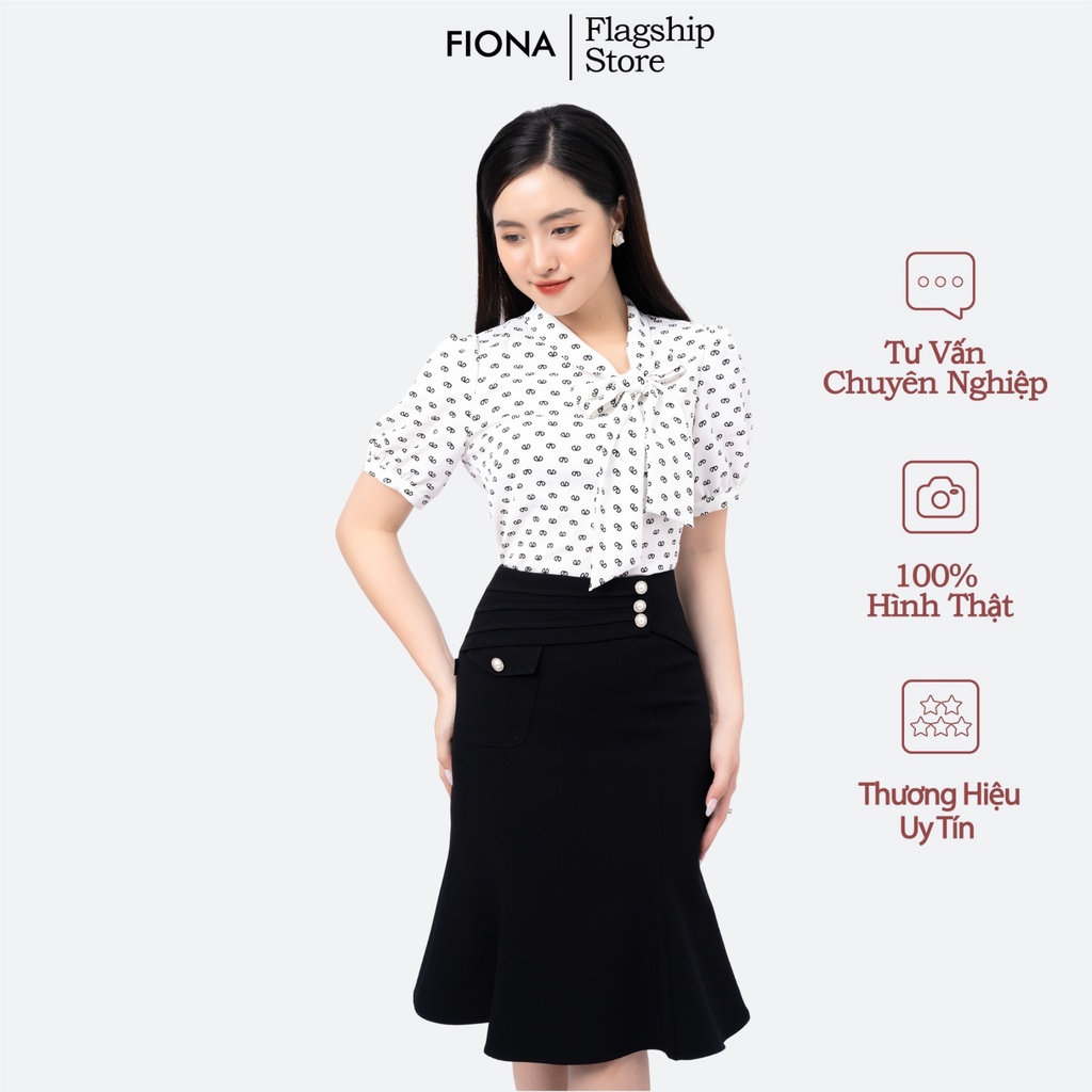 Sơ mi đen họa tiết trắng Fiona, Áo sơ mi nữ cổ nơ nẹp lệch FIONA F551219