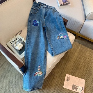 Quần jeans nữ ống rộng thêu hoa thời trang