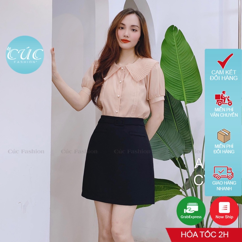 Áo sơ mi nữ CÚC FASHION somi tay ngắn cao cấp lụa đẹp kiểu xếp ly công sở trắng đi học áo cổ dập quạt A1108