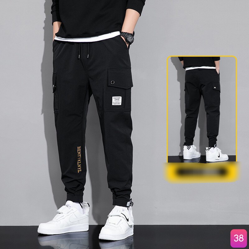 Quần Jogger Kaki thể thao lưng thun ống bó túi hộp đen kem phong cách M240